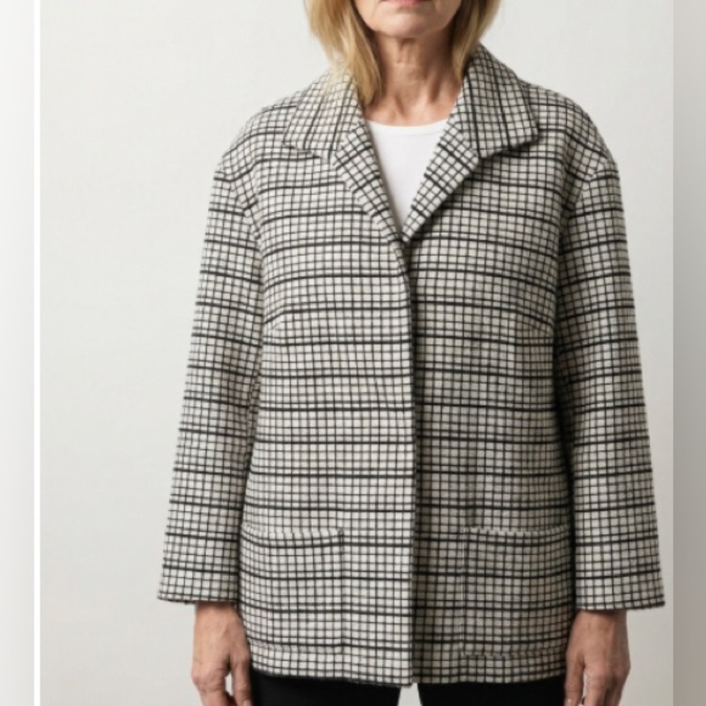 Lafayette 148‎ New York Black Ivory Grid Check Blazer Jacket Large Career Wear